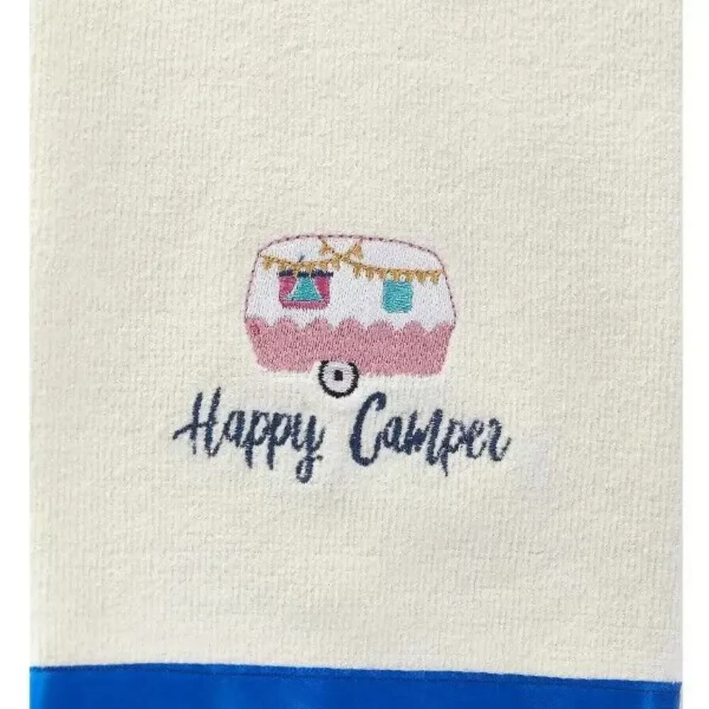 Glamper Happy Camper Hand Towels 2-Pc Embroidered Blue Border Cotton Gift NEW